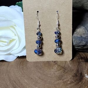 Hand Crafted Elegant Blue Crystal With Silver Toned Accents Dangle Drop Earrings